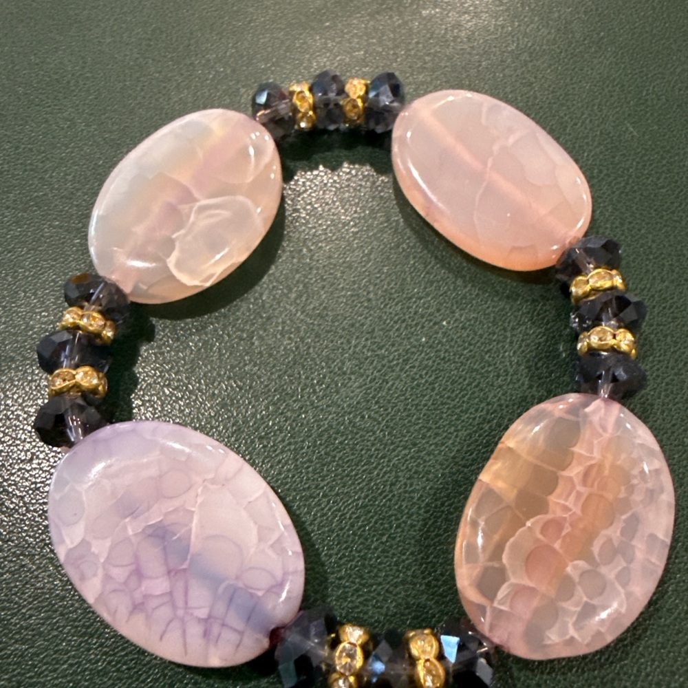 Lavender Oval Agate Crystal Stretch Bracelet, dark purple Crystal & Gold Accents